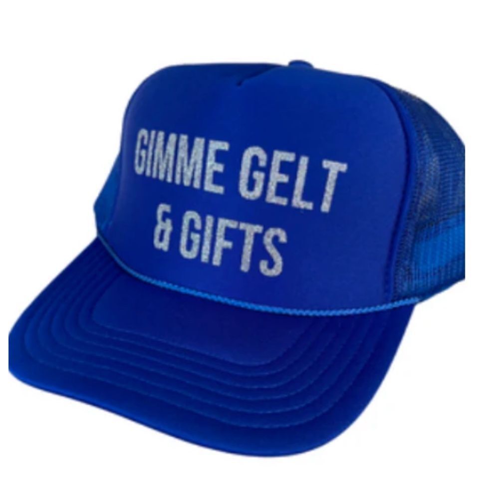 Gimme Gelt & Gifts - Hanukkah Trucker Hat NEW Blue & Silver Glitter Snap Back